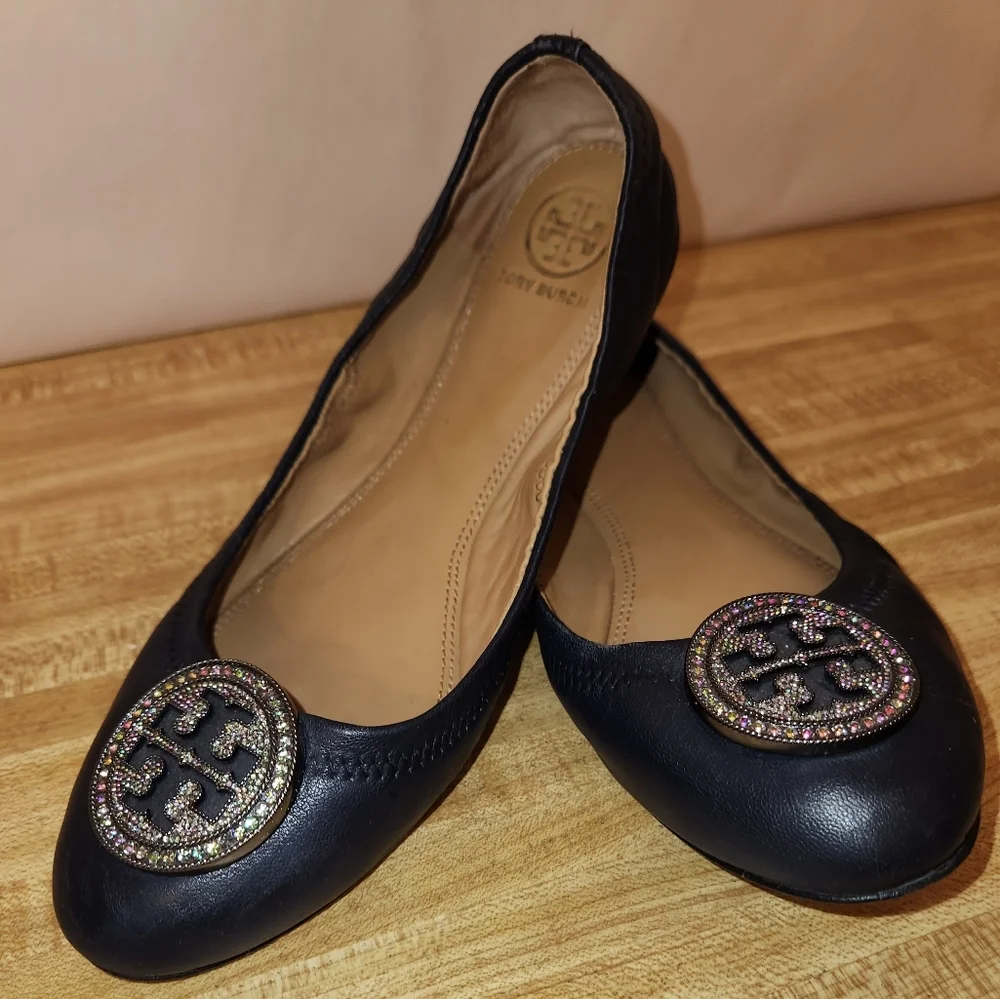 TORY BURCH Minnie Embellished Logo Travel Ballet Flat, size 7M